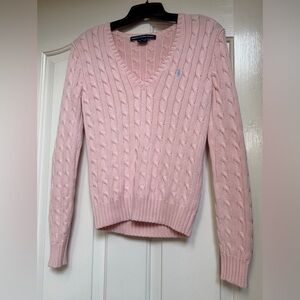 POLO Ralph Lauren Sport Women’s Pink Cable Knit V neck Sweater, Sz Medium